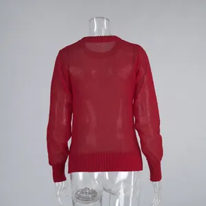 Detailed back view of a red mohair crewneck sweater with semi-transparent knit texture