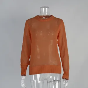 Detailed texture view of orange semi-transparent mohair knit sweater for women