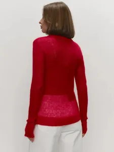 Detailed back view of a soft red semi-transparent mohair knit sweater for women.