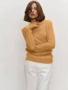 Soft mohair round-neck sweater in camel yellow with semi-sheer knit texture for women