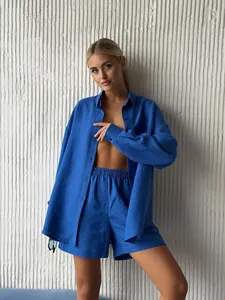 Royal blue casual two-piece lounge set with long sleeve shirt and matching shorts
