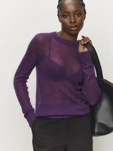 Detail shot of sheer purple mohair sweater showing the fine knit texture and premium fit