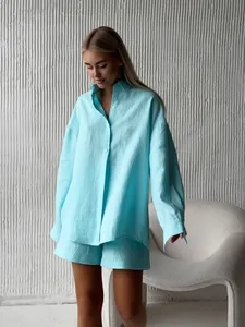 Oversized light blue cotton linen shirt and matching shorts two-piece summer set