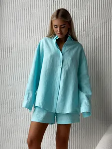 Minimalist light blue cotton long sleeve shirt and matching shorts set for women summer