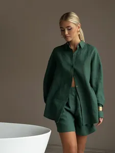 Elegant dark green cotton long sleeve shirt and shorts two-piece leisure set for women