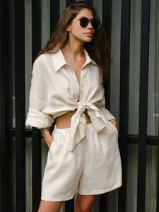 Women Cotton Casual Shirt Shorts Set Long Sleeve Button Down Blouse High Waist Wide Leg Shorts Top And Bottom Summer Beach Vacation Lounge Wear