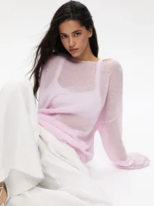 Detailed view of the sheer pink knit texture and elegant wide round neck