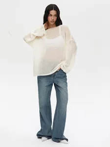 Women's hollow knit see-through top with round neck and flare sleeves in minimalist white