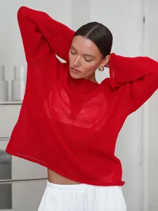 Detail showing a red hollow-out knit sweater featuring flared sleeves and a wide round neck