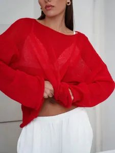 Stylish sheer red hollow-out knit sweater with wide neck and flare sleeves for women