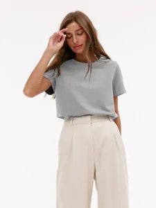 Lässiges graues Kurzarm-T-Shirt mit Rundhalsausschnitt für Damen, Sommerlook 2025