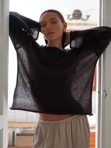 Close-up detail of sheer hollow-out knit sweater featuring wide sleeves and round neck