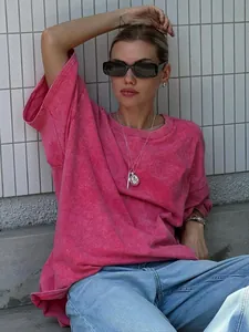 Women Vintage Acid Wash Oversized Cotton T-Shirt Casual Distressed Round Neck Short Sleeve Loose Streetwear Top Summer