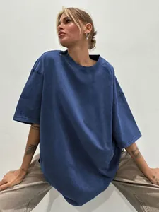 Oversized washed blue distressed cotton T-shirt with casual crewneck style