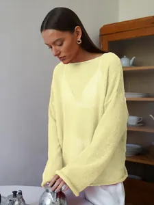 Close-up view of a sheer light yellow wide-neck knit sweater with flared sleeve detail.
