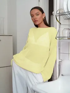 Elegant sheer yellow hollow-out knit sweater with wide round neck and bell sleeves