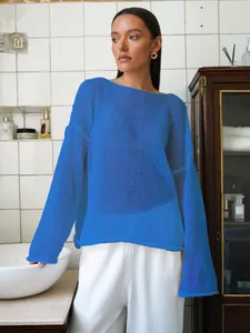 Elegant blue sheer hollow knit sweater featuring a wide neck and stylish flare sleeves