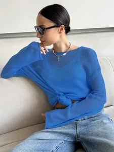 Detailed view of sheer blue hollow-out knit top with boat neck and knot hem.