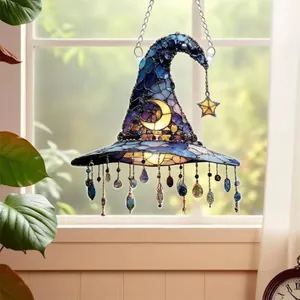 Detailed view of stained glass style witch hat acrylic suncatcher with hanging beads