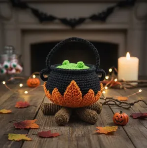 Cozy handmade crochet Halloween cauldron decor with orange flames on a wooden table