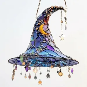 2D flat acrylic witch hat suncatcher with moon and star details for Halloween