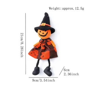 Detailed dimension view of felt Halloween pumpkin witch doll with orange and black hat
