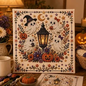 Vue détaillée d'un kit de point de croix Halloween avec des fantômes et des citrouilles.