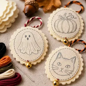Close-up of Halloween DIY embroidery kit featuring ghost, pumpkin, and cat motifs