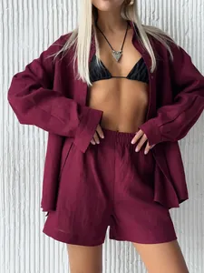 Burgundy cotton long-sleeve shirt and matching shorts casual two-piece summer set