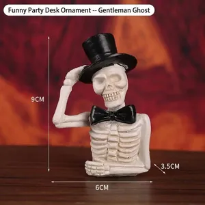 Handbemalte Skelett-Figur aus Harz mit Zylinder und Fliege als Halloween-Tischdeko