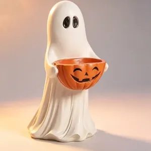 Estatua de fantasmita blanco con cuenco de calabaza para decoración de Halloween