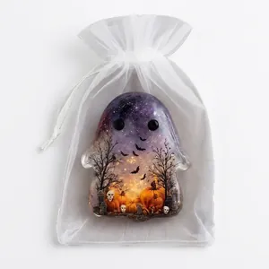 Halloween pocket ghost ornament with spooky pumpkin scene in white organza gift bag