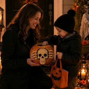 Halloween Totenkopf Kürbis Bonbonglas, gehalten von Mutter und Kind in einer Nachtszene
