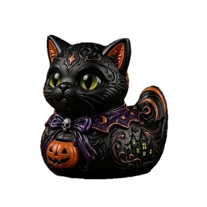 Λεπτομερές μαύρο ειδώλιο γάτας-πάπιας Halloween με κολοκύθα και φιόγκο νεκροκεφαλής