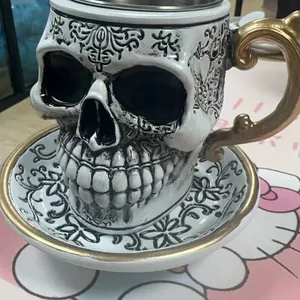 Ornate gothic resin skull mug set with intricate carvings and elegant golden handle