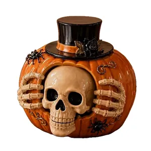 Gothic Halloween Totenkopf Kürbis Bonbonglas Harz Ornament mit schwarzem Zylinder