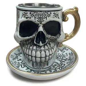 Creative resin skull mug with ornate patterns for Halloween home decor