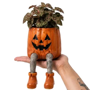 Pot de fleurs citrouille d'Halloween original avec jambes pendantes en résine déco