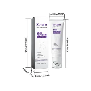 Detailed size specifications for Zyvarn skin refining roller cream tube and box
