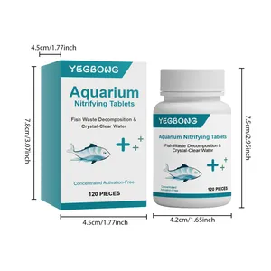 Vue détaillée de l'emballage des comprimés d'aquarium YEGBONG avec dimensions en cm et pouces
