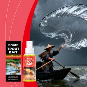 Spray d'appât à truite Kriath 60ml avec pêcheur lançant un filet sur un bateau