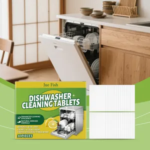 Close-up of Jue Fish dishwasher cleaning tablets box in a modern kitchen setting