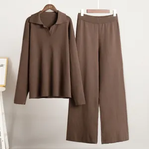 Chocolate brown knitted two-piece set featuring a polo sweater and wide-leg pants