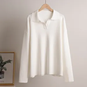 Minimalist elegant white long sleeve polo neck knitted sweater for autumn winter