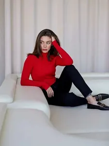 Stylish women's slim fit red mock neck ribbed knit sweater for Autumn and Winter