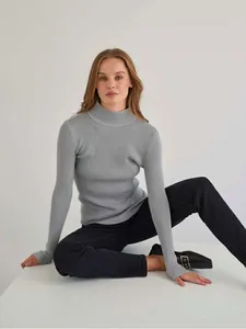 Elegant slim fit grey mock neck ribbed sweater for women, classic autumn fashion style