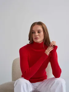 Detailaufnahme eines roten Rollkragenpullovers mit klassischem Rippenstrickmuster