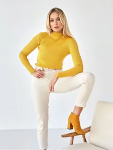 Fashionable slim-fit yellow half-turtleneck ribbed sweater for women in autumn and winter