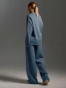 Rear view of blue two-piece knit set featuring polo sweater and wide-leg pants