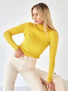 Close-up showing the ribbed texture of this yellow slim fit mock neck knit sweater
